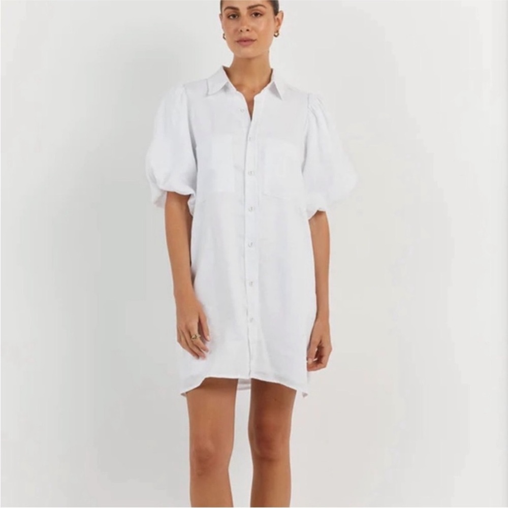 DISSH White Linen Monty Dress Button Down Puff Sleeves Size 2